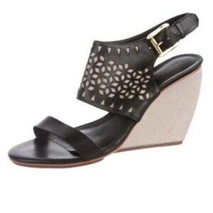 Rebecca Minkoff  Black Leather Laser Cut‎ Wedge Sandal